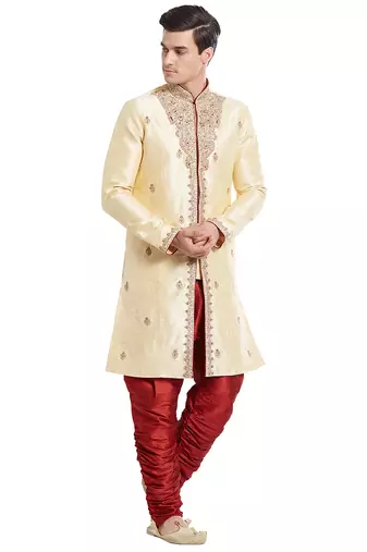 Gold silk straight embroidery with handwork indisherwani for men's