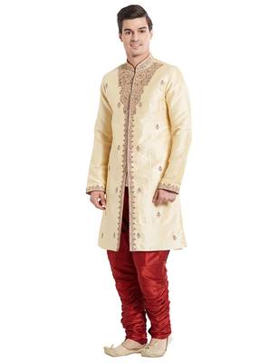 Gold silk blend straight embroidery with handwork indisherwani for men's 3