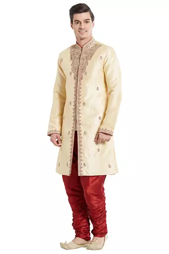 Gold silk straight embroidery with handwork indisherwani for men's
