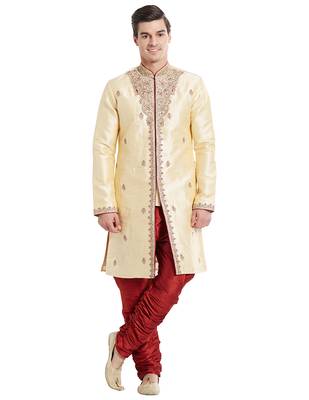 Gold silk blend straight embroidery with handwork indisherwani for men's 5