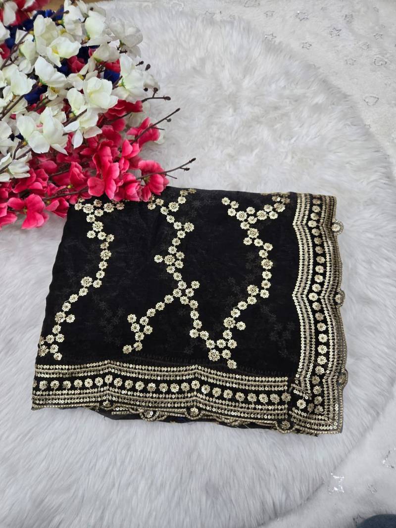 Black Color Sequence Work Silk Saree