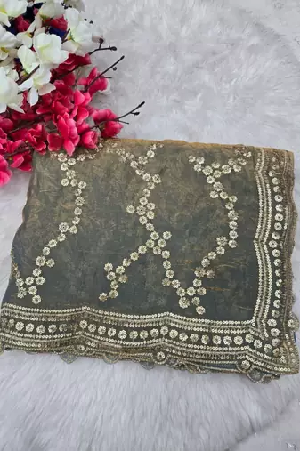 Grey Color Sequence Work Silk Saree