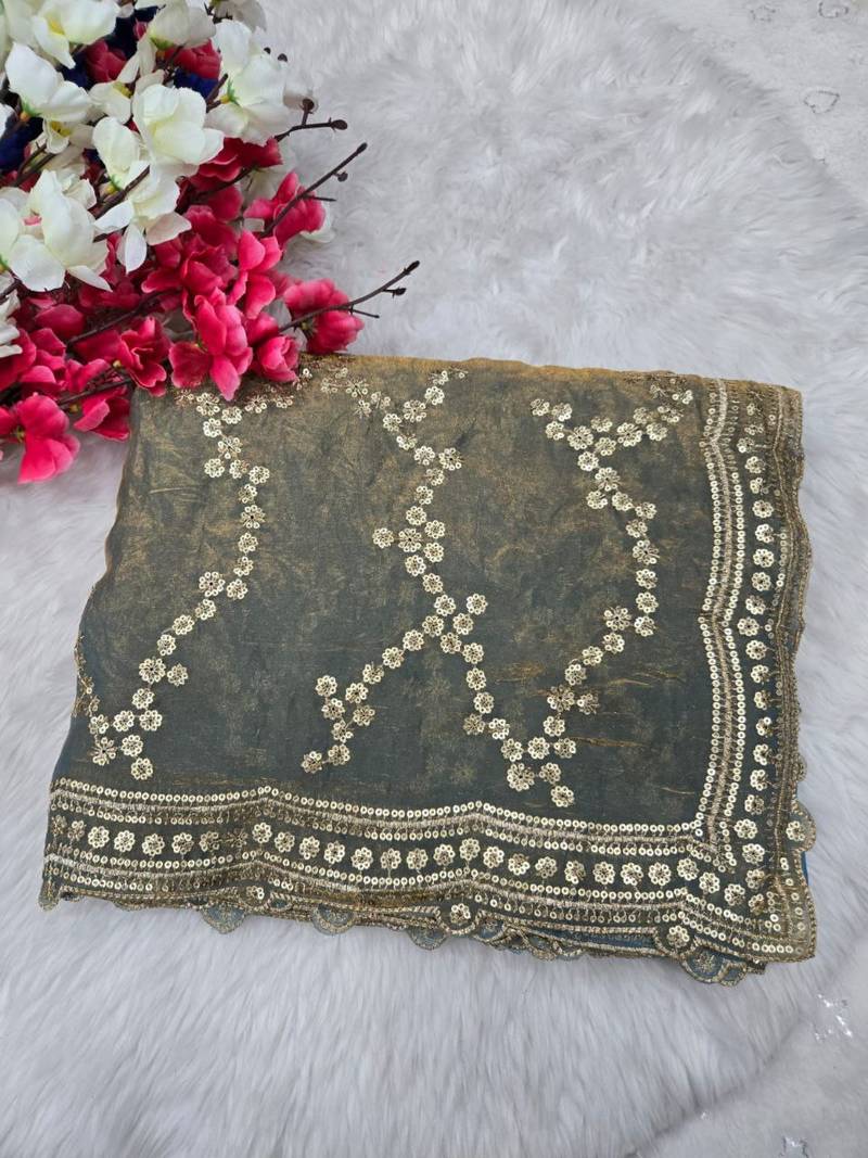 Grey Color Sequence Work Silk Saree