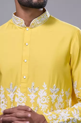 Yellow silk straight embroidery, mirror yellow silk embroidery, mirrors floral and work kurta pant set
