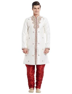 Cream silk blend straight embroidery with handwork indisherwani for men's 1