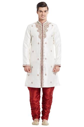 Cream silk straight embroidery with handwork indisherwani for men's