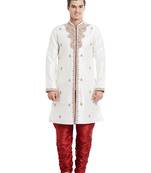 Cream silk straight embroidery with handwork indisherwani for men's