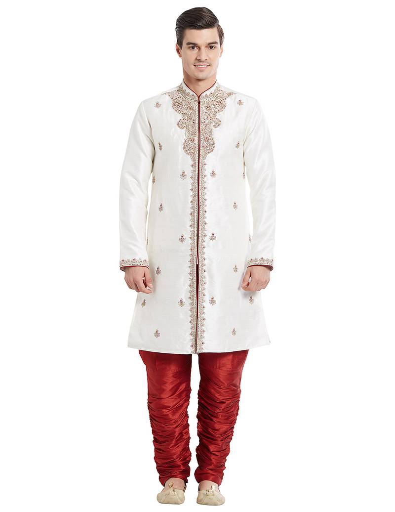 Cream silk straight embroidery with handwork indisherwani for men's
