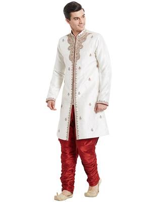 Cream silk blend straight embroidery with handwork indisherwani for men's 2