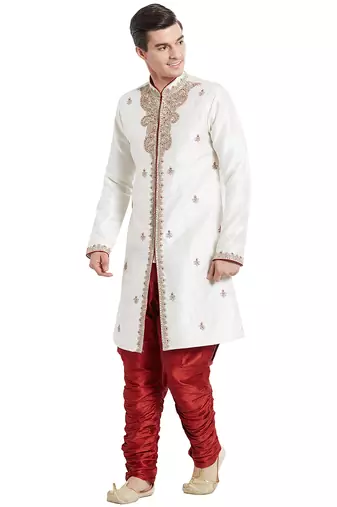 Cream silk straight embroidery with handwork indisherwani for men's