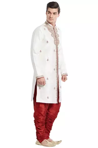 Cream silk straight embroidery with handwork indisherwani for men's