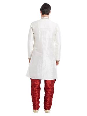 Cream silk blend straight embroidery with handwork indisherwani for men's 4
