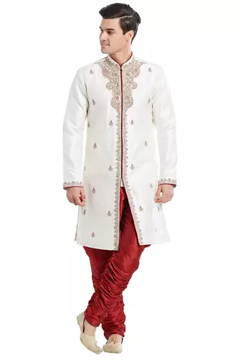 Cream silk straight embroidery with handwork indisherwani for men's