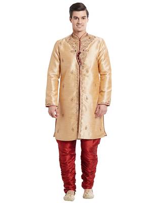 Gold silk blend straight embroidery with handwork indisherwani for men's 1