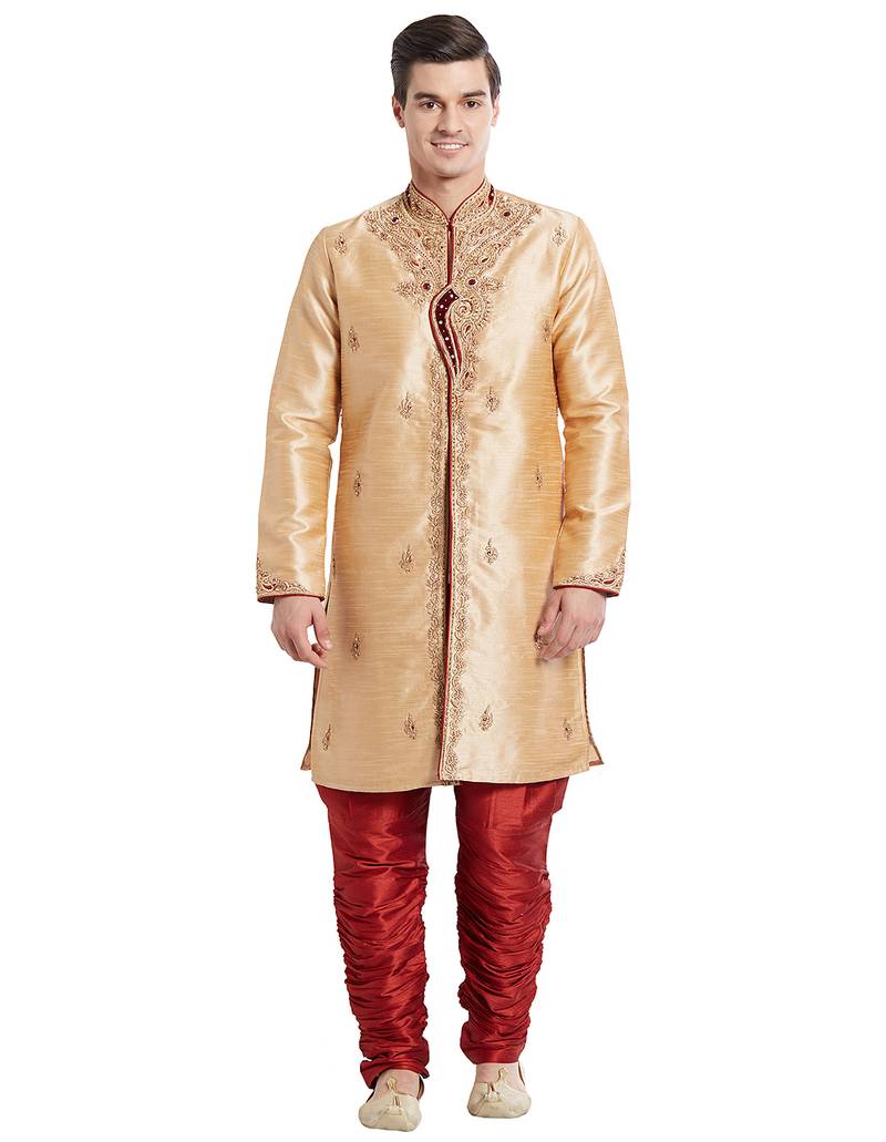 Gold silk straight embroidery with handwork indisherwani for men's