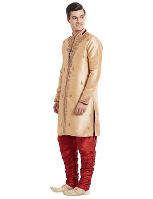 Gold silk blend straight embroidery with handwork indisherwani for men's 2