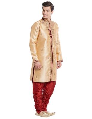 Gold silk blend straight embroidery with handwork indisherwani for men's 3