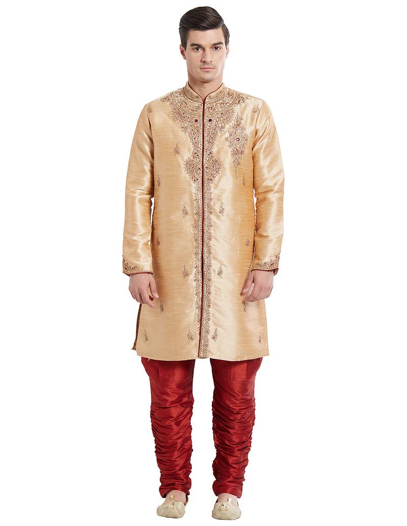 Gold silk straight embroidery with handwork indisherwani for men's