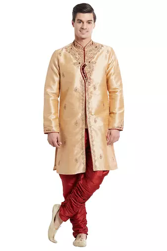 Gold silk straight embroidery with handwork indisherwani for men's