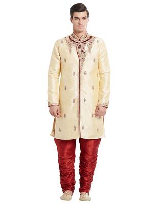 Gold silk straight embroidery with handwork indisherwani for men's 1