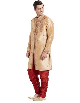 Gold silk blend straight embroidery with handwork indisherwani for men's 2