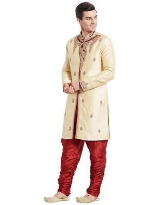 Gold silk straight embroidery with handwork indisherwani for men's 2