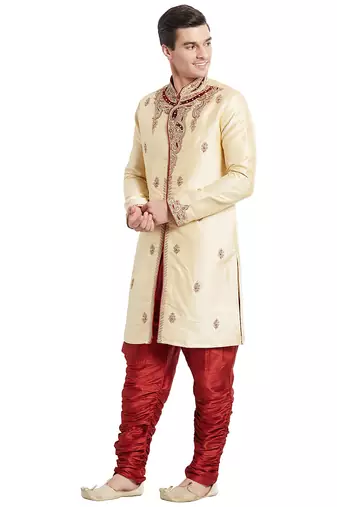 Gold silk straight embroidery with handwork indisherwani for men's