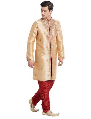 Gold silk blend straight embroidery with handwork indisherwani for men's 3