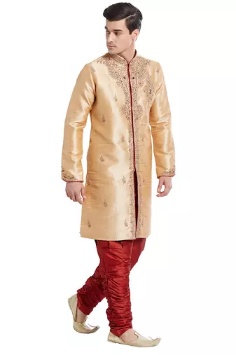 Gold silk straight embroidery with handwork indisherwani for men's