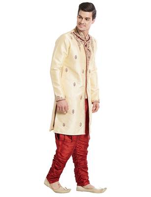 Gold silk straight embroidery with handwork indisherwani for men's 3