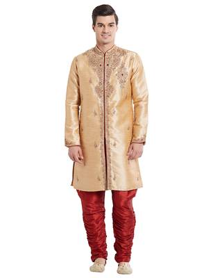 Gold silk blend straight embroidery with handwork indisherwani for men's 5