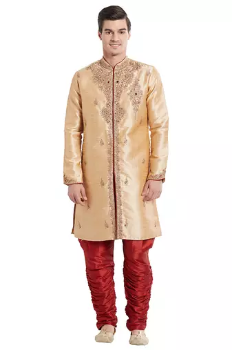 Gold silk straight embroidery with handwork indisherwani for men's
