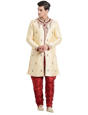 Gold silk straight embroidery with handwork indisherwani for men's 5