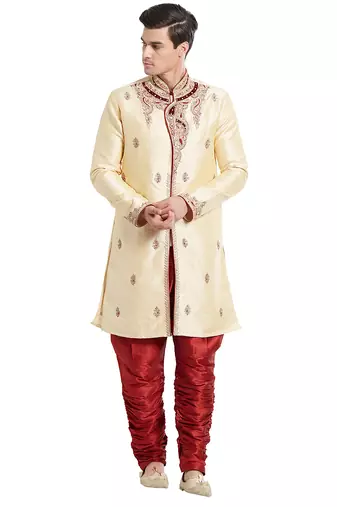 Gold silk straight embroidery with handwork indisherwani for men's