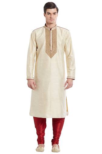 Fawn art silk straight embroidery kurta for men's