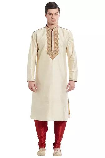 Fawn art silk straight embroidery kurta for men's