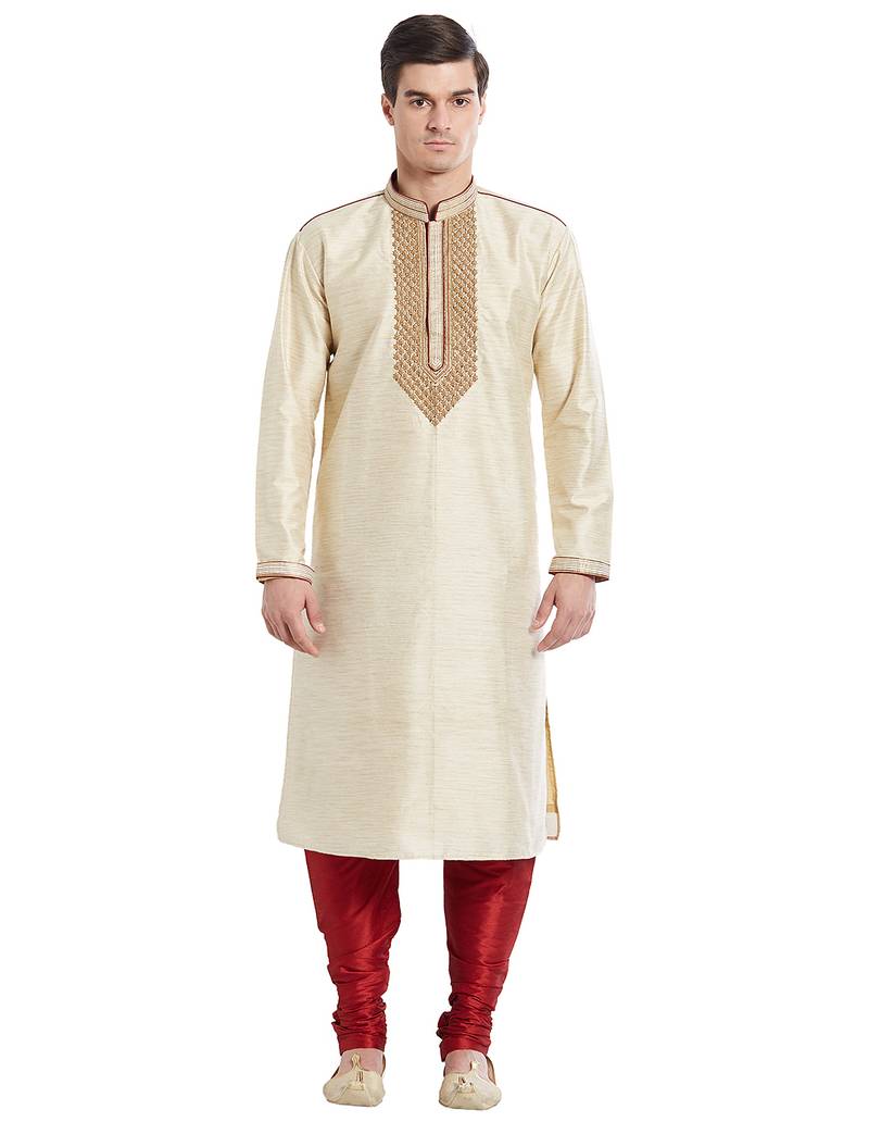 Fawn art silk straight embroidery kurta for men's