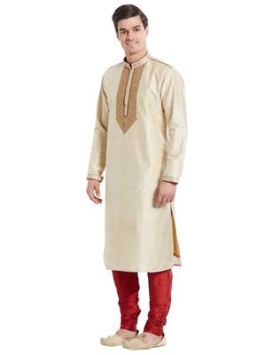 Fawn Art silk straight embroidery kurta for men's 2