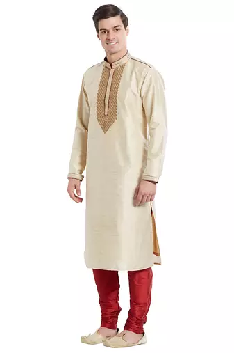 Fawn art silk straight embroidery kurta for men's