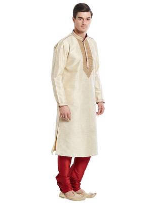 Fawn Art silk straight embroidery kurta for men's 3