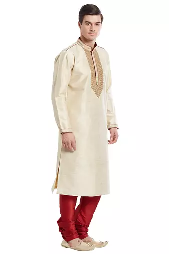Fawn art silk straight embroidery kurta for men's