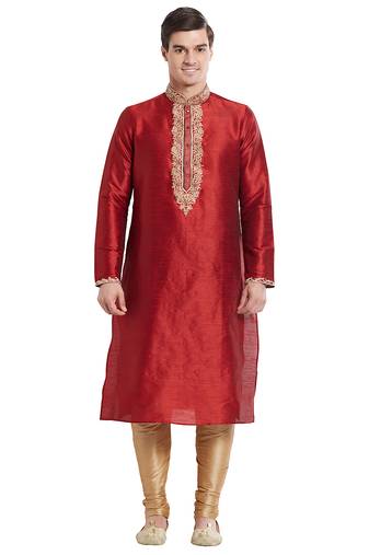 Maroon art silk straight embroidery kurta for men's