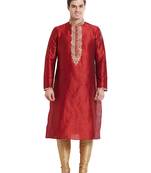 Maroon art silk straight embroidery kurta for men's