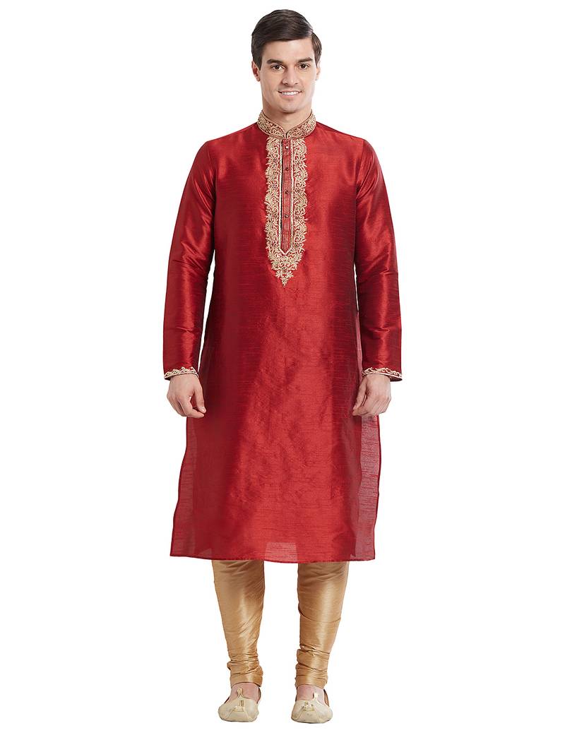 Maroon art silk straight embroidery kurta for men's