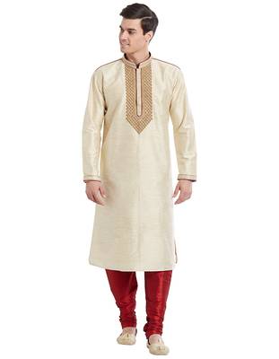 Fawn Art silk straight embroidery kurta for men's 5