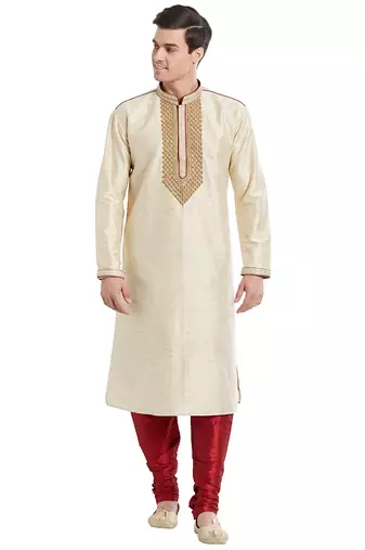 Fawn art silk straight embroidery kurta for men's