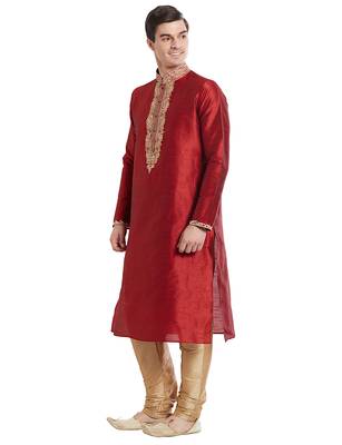 Maroon Art silk straight embroidery kurta for men's 2