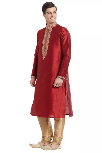 Maroon art silk straight embroidery kurta for men's