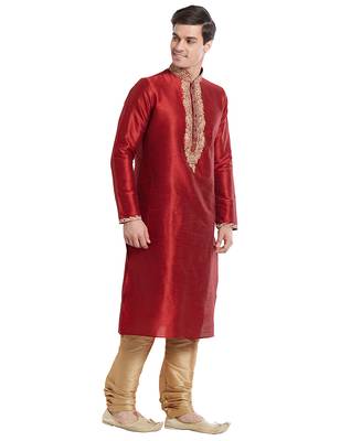 Maroon Art silk straight embroidery kurta for men's 3