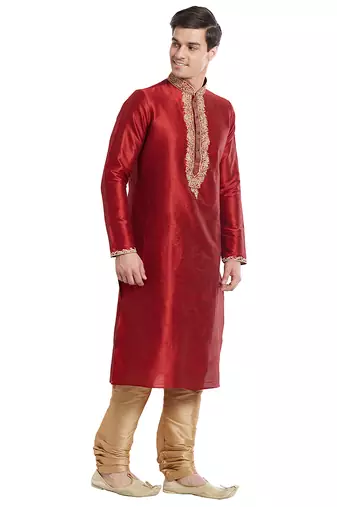 Maroon art silk straight embroidery kurta for men's
